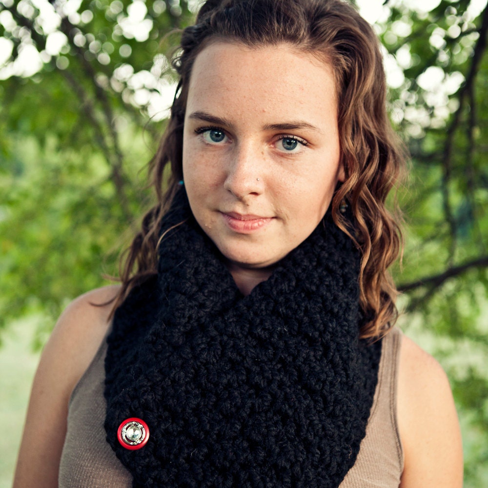 Totally Textured Black Scarf with button accents Super Soft button scarf