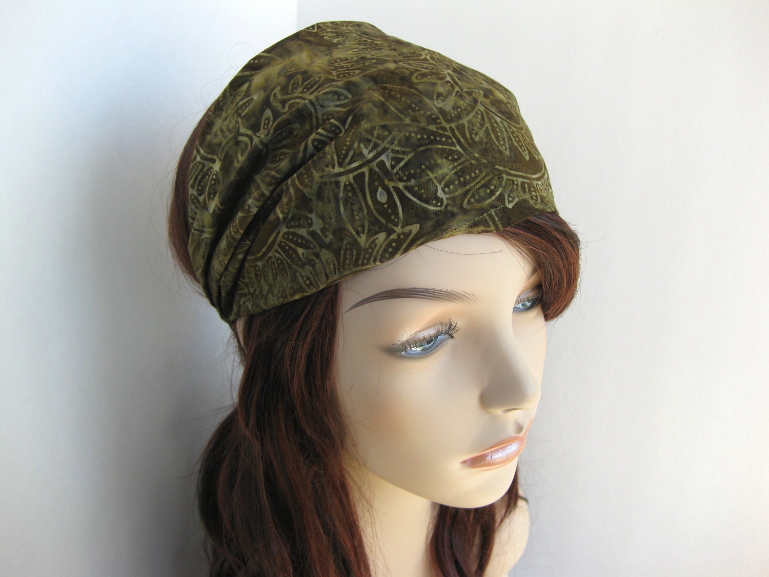 Batik Fabric Headband Gypsy Wrap Women's Elastic Fall Bandana Olive Green Vine Leaf Design Hair Accessory