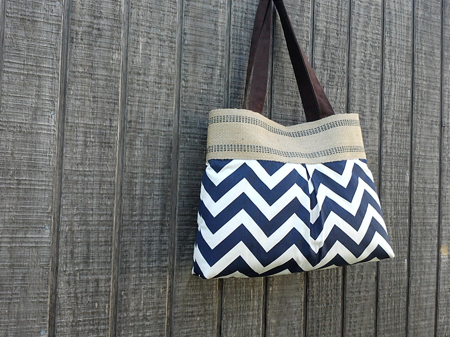 Navy Blue and White Chevron Zig Zag Purse Handbag with Jute Webbing