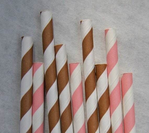 Pink and Brown Striped Paper Straws, 100 Pack, Chocolate and Baby Pink Paper Straws Il_570xn