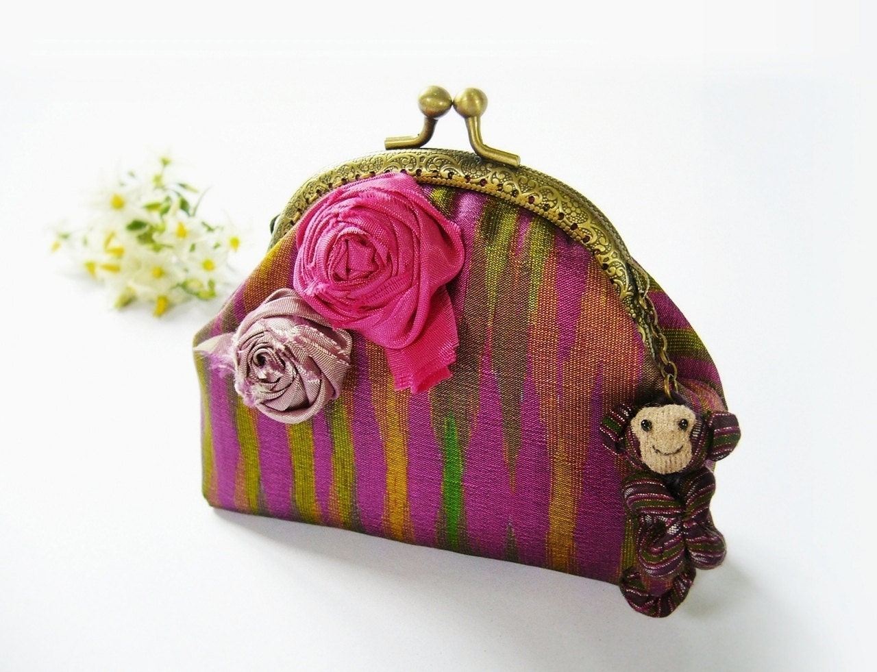 Metal frame purse, silk purse, coin purse, silk coin purse, 10 cm frame purse, fabric flower, handmade frame purse