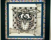 Owl Set of 4 -- Zentangle Inspired Original Artwork in 8x8 Frame