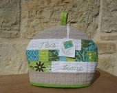 Tea Cosy with a little tea bag, patchwork, embroidery in green, turquoise, white and beige