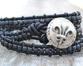 CLEARANCE Charcoal gray beaded, black leather triple wrap bracelet, Fleur de Lis, Rustic Country-Boho chic