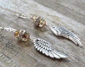 Rustic angel wings earrings, distressed clear rondelles, vintage rhinestones, artisan, sparkle, rustic boho