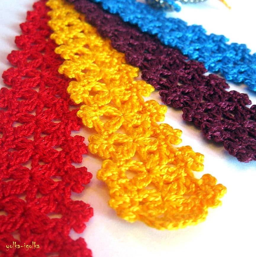 Set of 4 bookmarks. Red, yellow, burgundy, blue. Crochet.