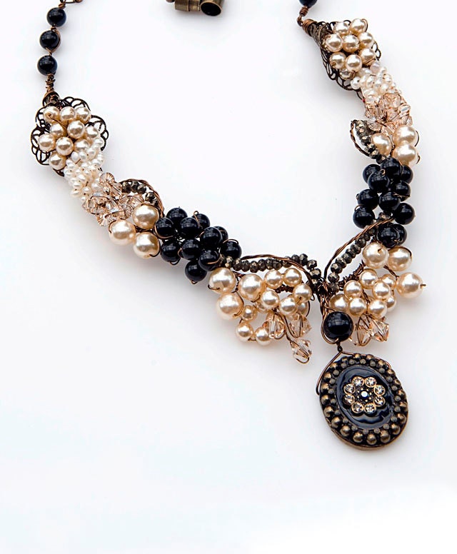 Cream Black Statement Necklace,Vintage Style Necklace, Bridal Jewelry Twisted Wire Jewelry