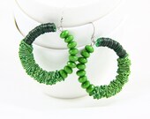 Green hoop earrings made of ruffled ribbon, glass beads and sequins, dangling earrings with a fresh and zesty style, summer 2013 fashion