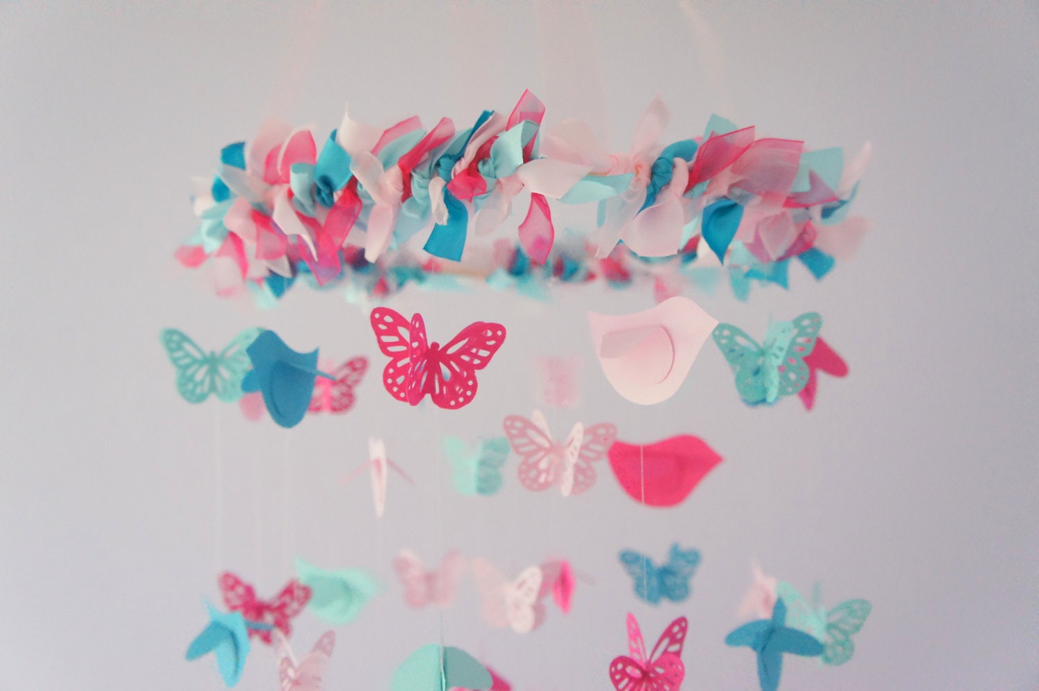 Pink Aqua Turquoise Butterflies & Birds Nursery Mobile, Baby Shower Gift
