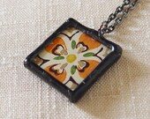 Tangerine Pumpkin Retro Orange Necklace, Mid Century Modern Abstract Fall Flower Pendant, Vintage Wallpaper Pendant Necklace, Soldered Glass
