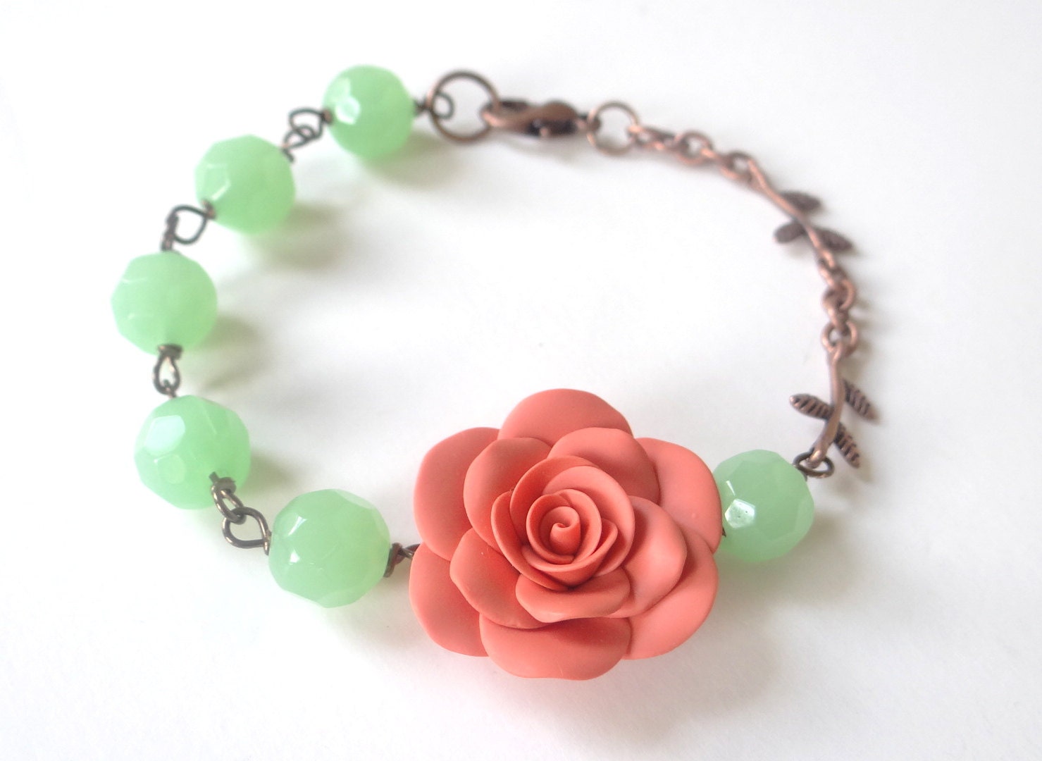 Coral Rose Bracelet, Coral Rose Bridesmaid Bracelet, Flower Bracelet, Bridal Jewelry,