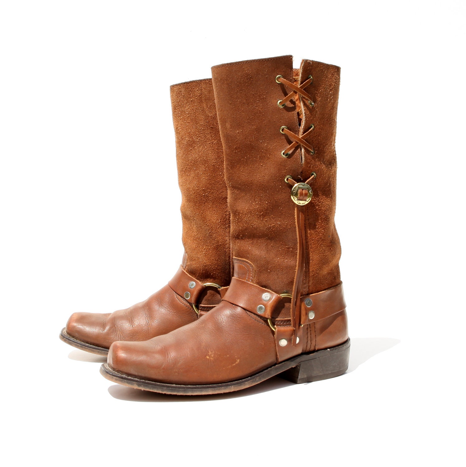 Born To Be Wild: Hellified Bohemian Harness Boots.  Suede & Leather.  Braided Brass Conchos. Made in USA by Texas. Size - Mens VTG US 11 D