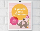 Elephant . Girl . Custom Baby Birth Announcement .  Nursery Wall Art