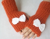 Hand  knitting gloves, orange fingerless gloves with bow cream, women accessories. 2013 trends, handmade gifts, Valentines day gifts.