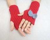 Hand knitting gloves, Red fingerless gloves with bow grey,  new fashion, women accessories. Handmade gifts, holiday gifts, miitten, warm