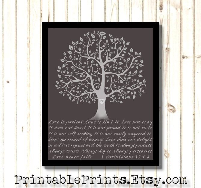 DIY Custom Wedding Gift Idea Scripture Initials Art 8x10 16x20 Tree 1 Corinthians