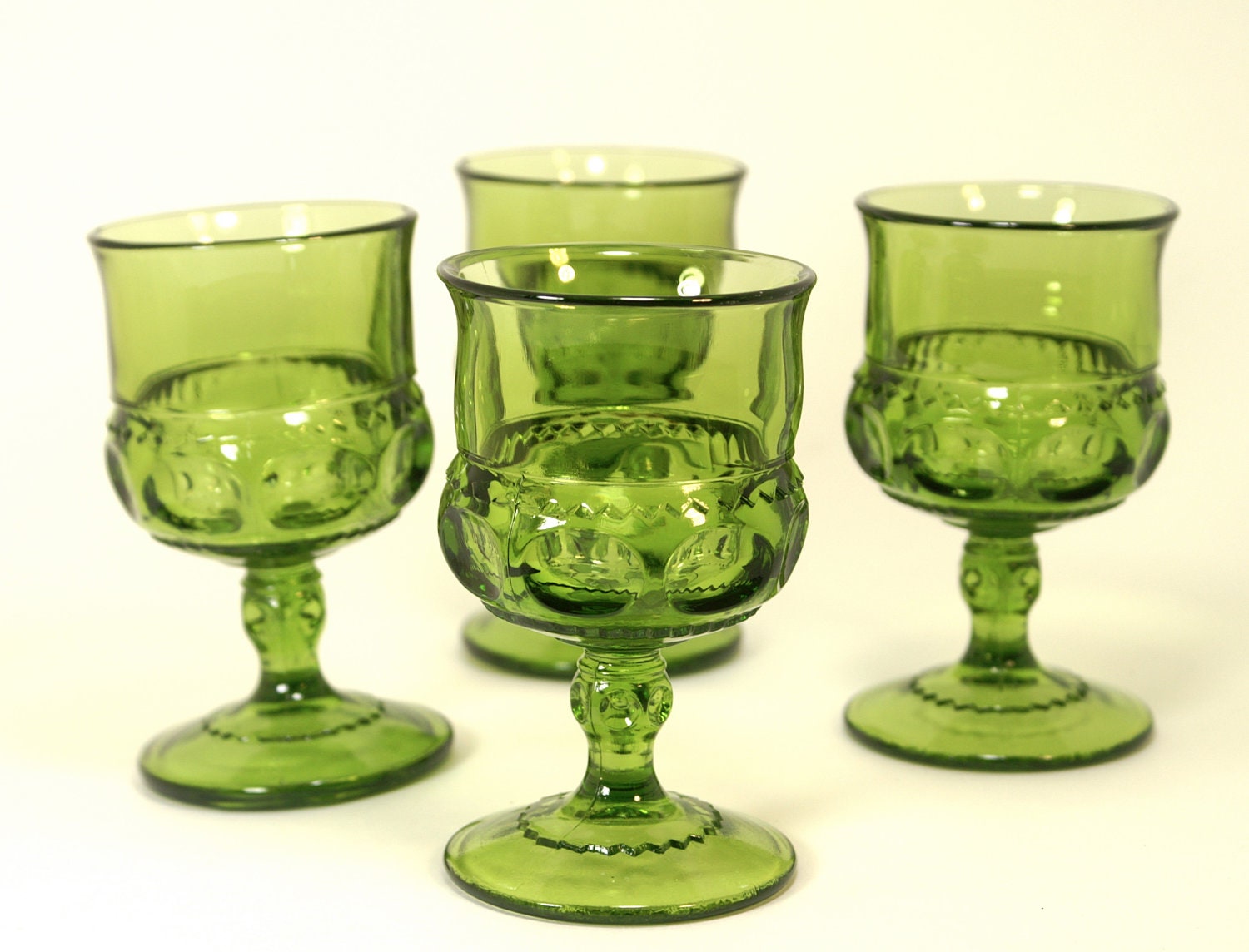 SALE - Vintage Green Glassware Wine Goblets Set of 4 King's Crown Indiana Glass Thumbprint Pattern
