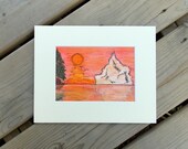 Iceberg Watercolor Original -  FREE SHIPPING - Ocean Theme Art - Sunset Art - fire and ice  - 5x7 - Mixed Media
