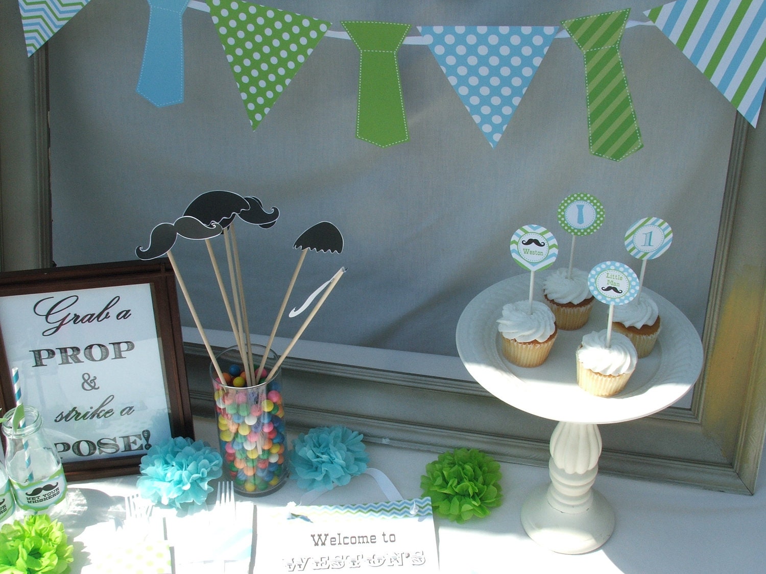 Boy First Birthday Mustache Decorations Package Little Man Adult Lime Green blue printable