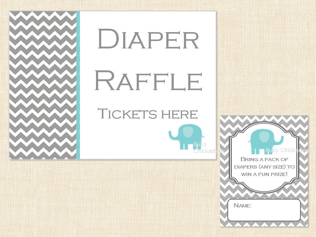 Diaper Raffle Ticket Baby Shower sign and invitation inserts Blue Elephant Printable--instant download