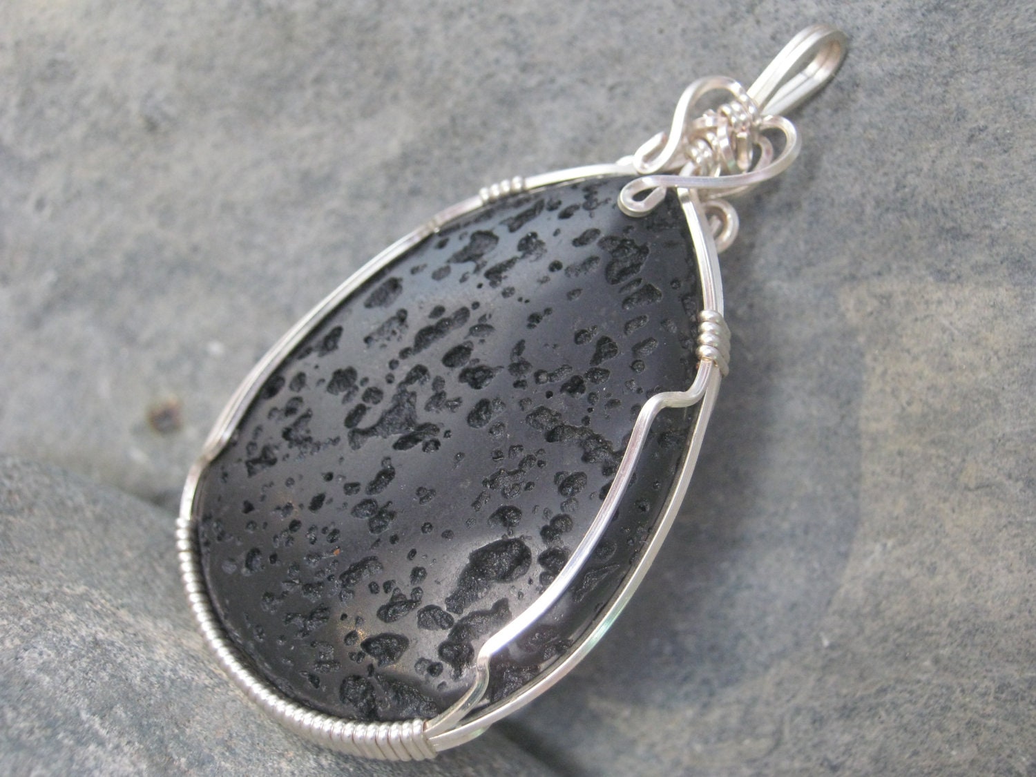 Black Lava Pendant, Reversible Wire Wrapped Teardrop