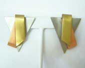 80s Brushed steel, copper, brass triangular earrings