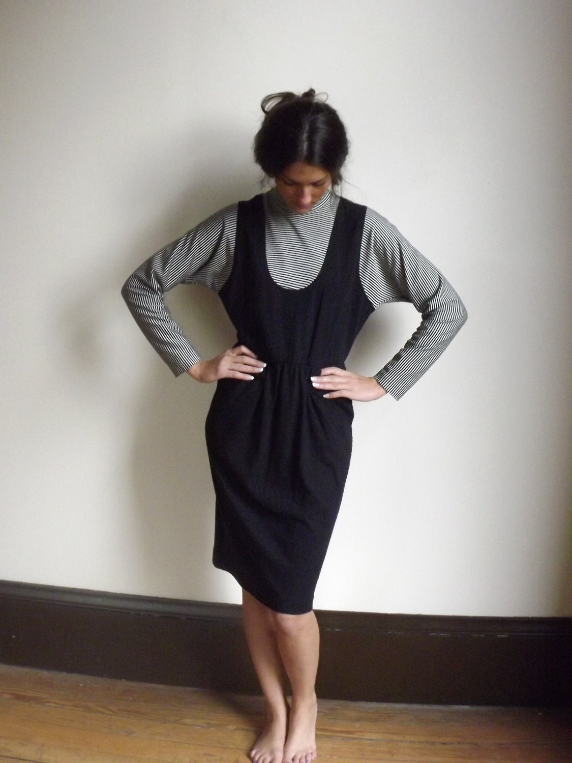 vintage 80s dress,  black turtleneck dress,  black sweater dress, long sleeved dress