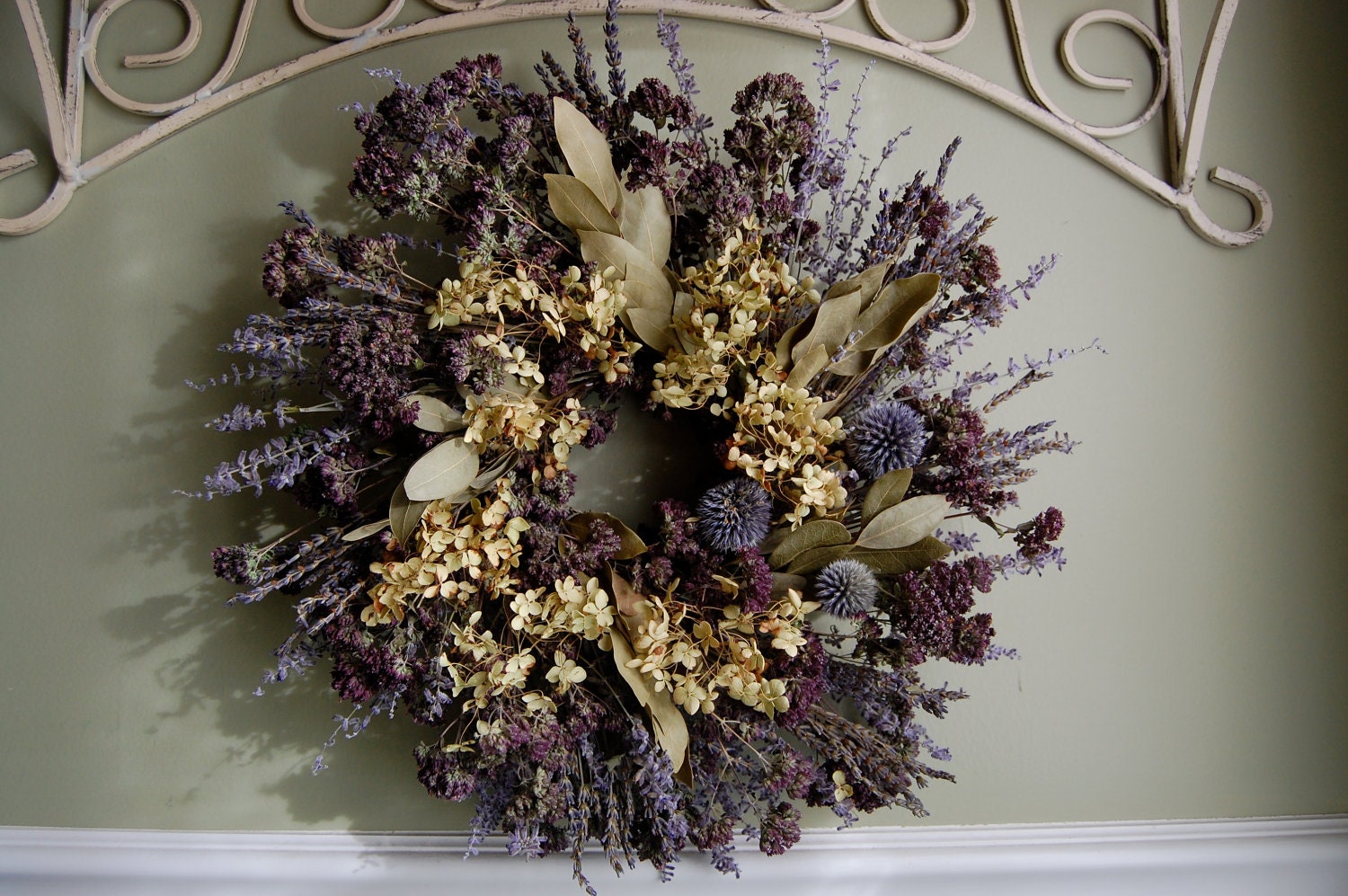 18 Inch Oregano Wreath with Lavender, Hydrangeas, Sea Lavender, and Bay Leaves