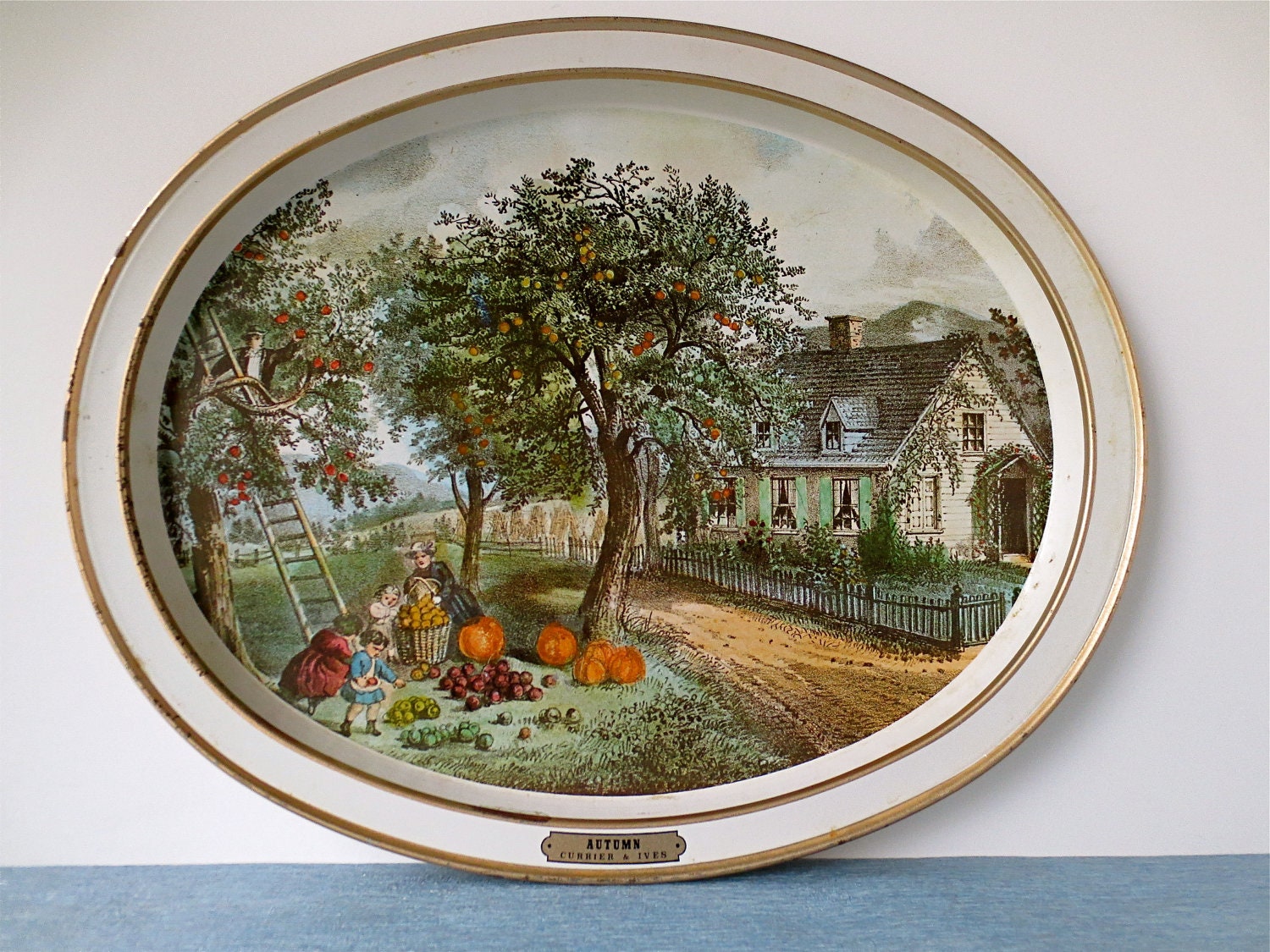 Vintage Metal Tray "Autumn" by Currier and Ives