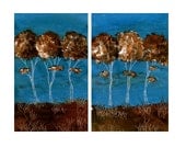 Abstract Landscape Painting - Blue Brown Art - Trees Forest Woodland - Original Art - Acrylic Painting - Triptych - 20x24