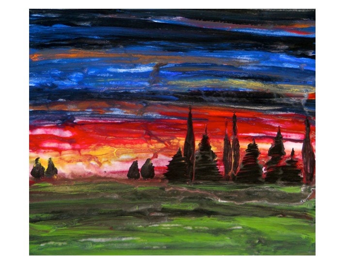 Landscape Painting - Abstract Sunset Painting - Cypress Trees - Acrylic Painting - Red Orange - Blue - 22x24