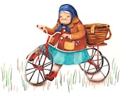 Tricycle Grandma Children Watercolor Illustration Bike Print Nursery Art Nostalgic Quaint