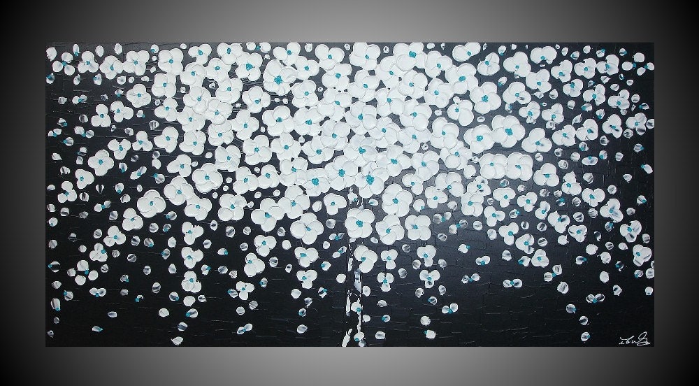 Art on Sale Abstract Acrylic Painting large Canvas Cherry Tree Thick Textured 3D Black White Turquoise Art Deco FREE SHIPPING 48 x 24
