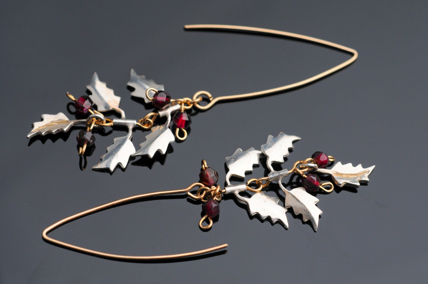 Silver Branch and Leaves Earrings with Red Garnet Beads