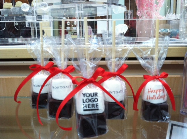 Personalized hot chocolate on a stick Belgian chocolate company logo branding Holiday party employee gift supper club