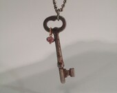 Silver metal key with purple crystal bead necklace - handmade jewelry
