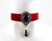 Red Velvet Choker Necklace with Black Onyx Stone Cabochon and Glass Dangle - Sexy, Cabaret, Gothic, Goth, Vampire