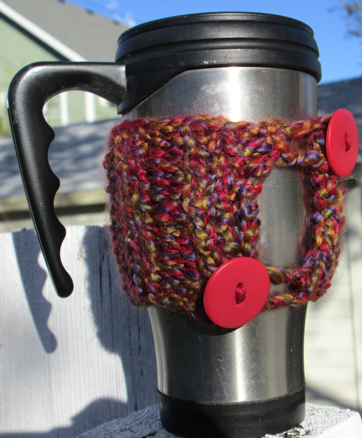 Coffee Cozy with Ribbing in Purple, Red, Orange, Gold, and Green with Red Buttons