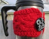 SALE Woven Lattice Cabled Red Cup Cozy with Black & Silver Button