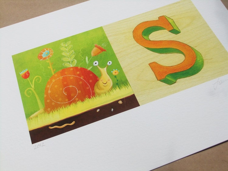 Nursery art print - S is for snail - kids room illustration - 8"x10"