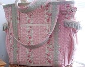 Handmade Large Shabby Chic Quilted Diaper Bag, Tote Bag, Toddler Tote Bag, Overnight Bag in pink roses, sage green, ivory