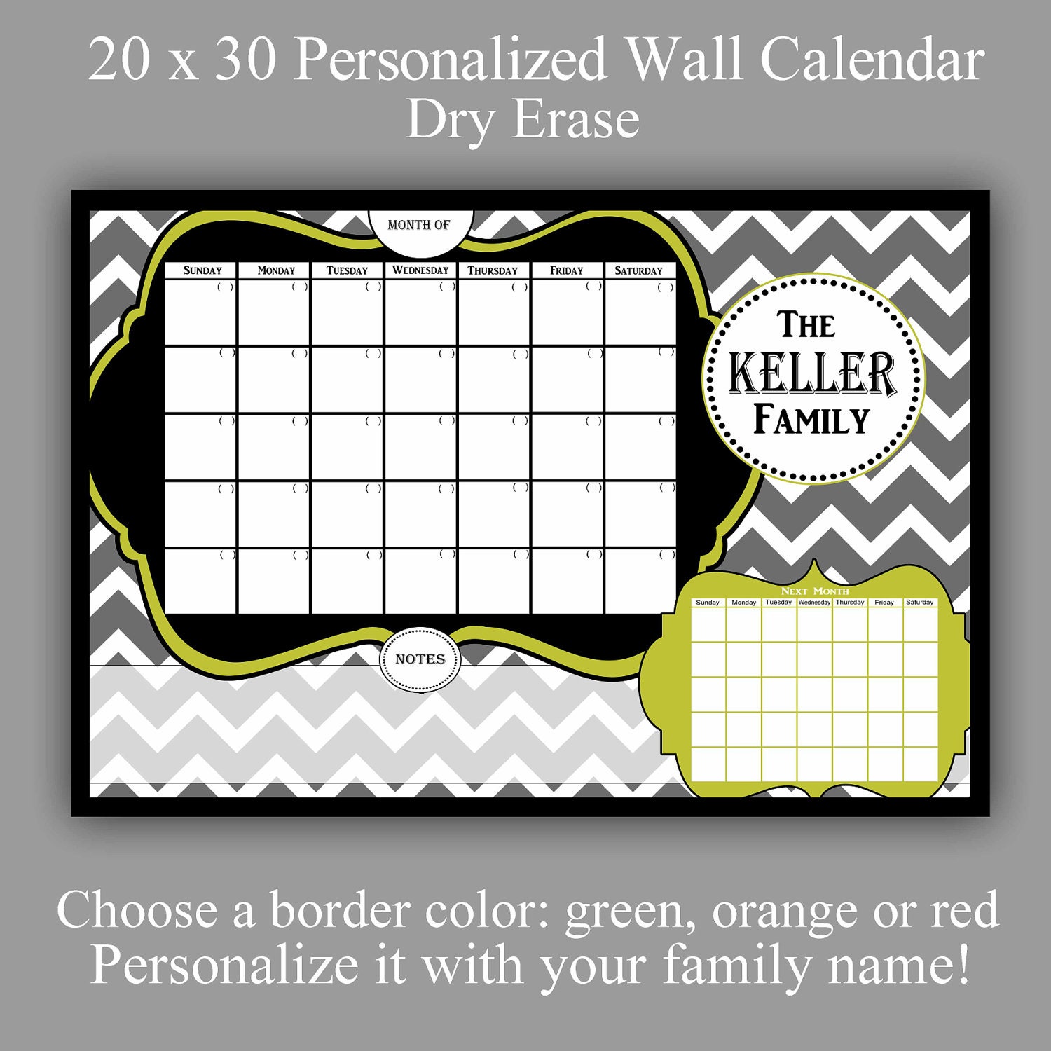 Personalized Chevron Wall Calendar - Dry Erase -  20 x 30 Print