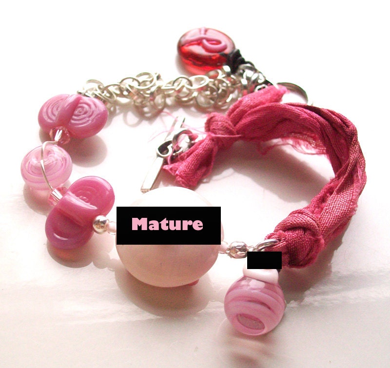 Mature-Pink Ribbon Boobies- Breast Cancer Awareness- Handmade  mixed-media bracelet in pastel and rose pink