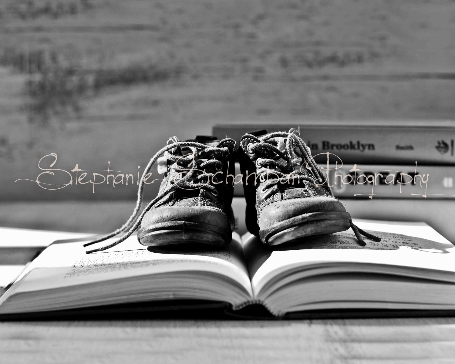 16x20 Black and White Toned Print : Baby Shoes and Books 3