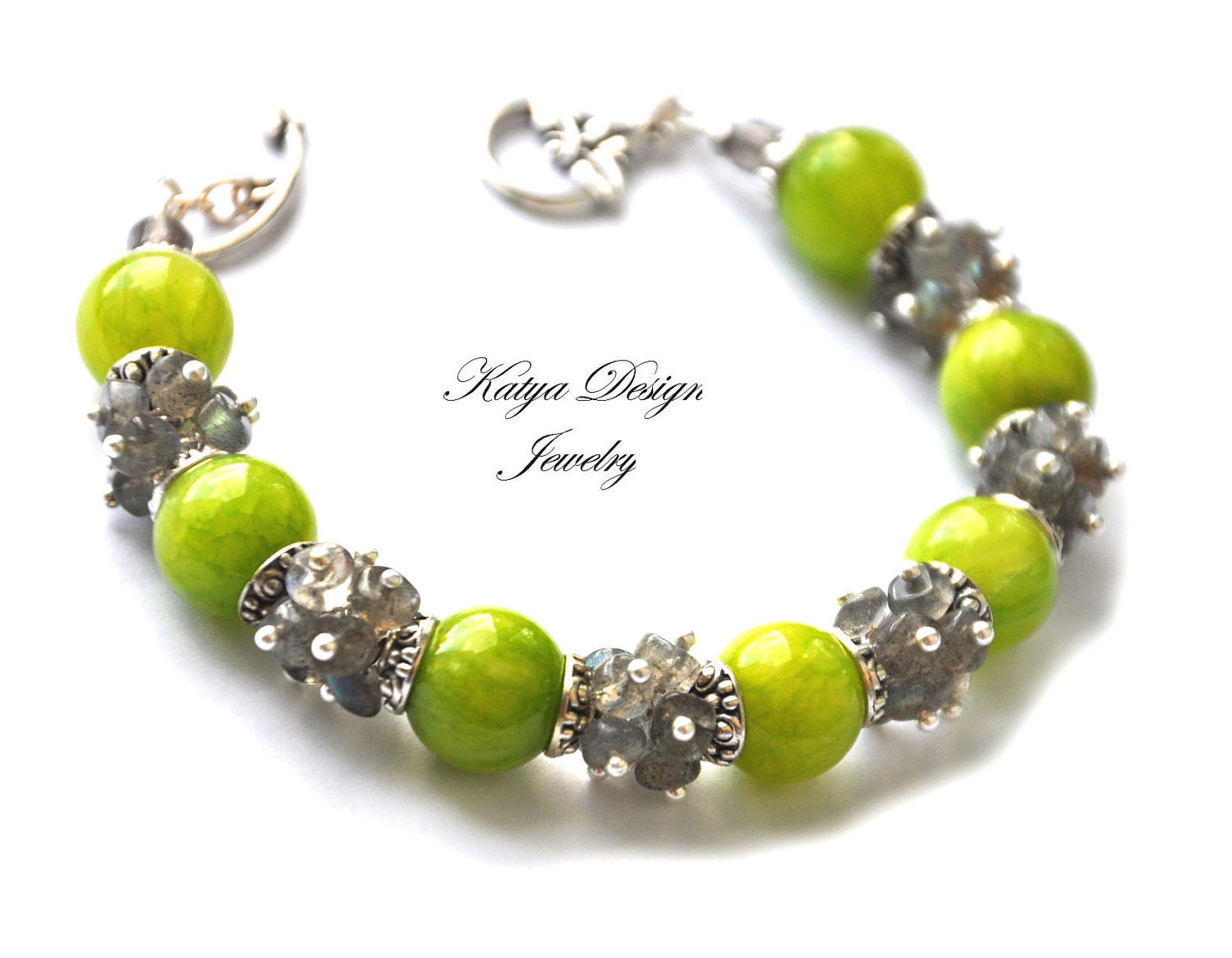 Bracelet  tinted nephrite and labradorite silver plated