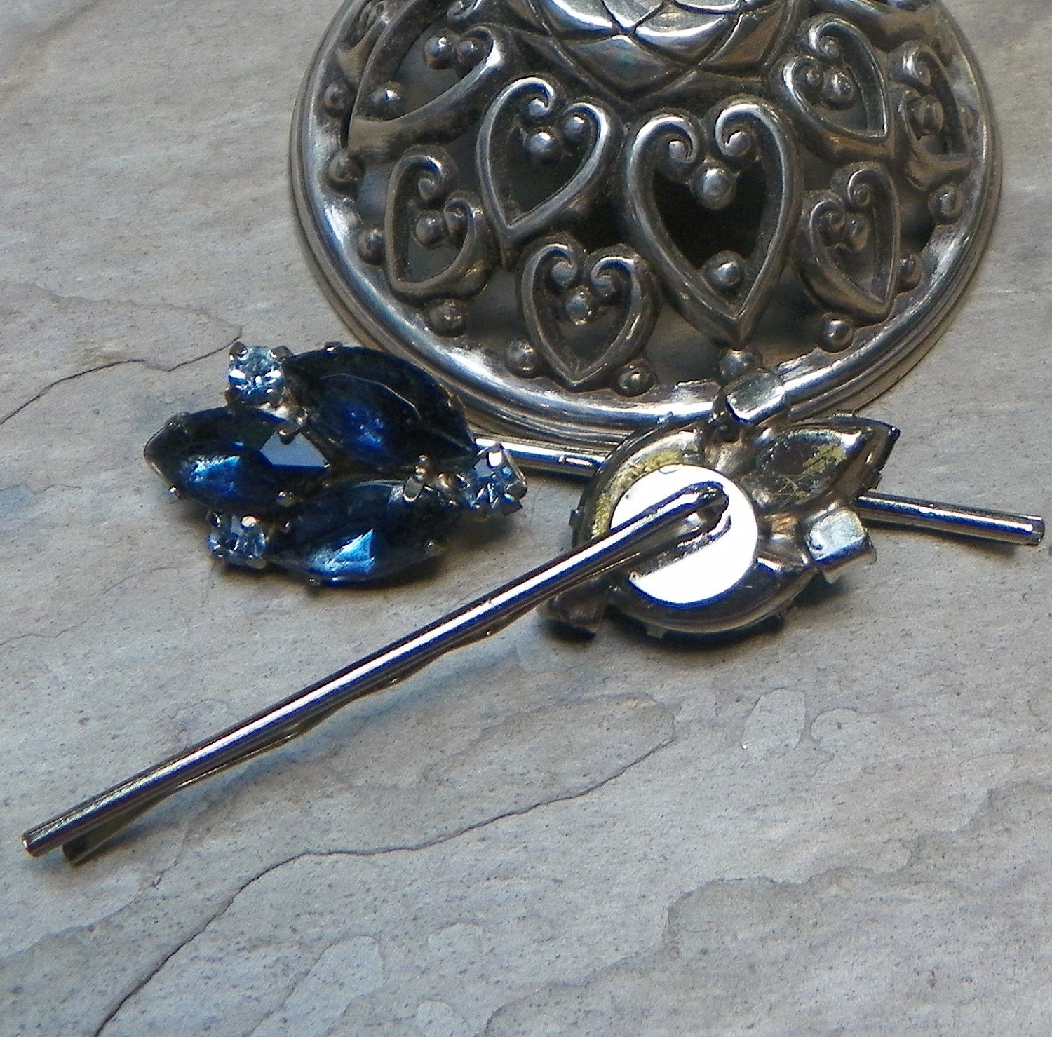 Winter Bridal Blue Rhinestone Hair Pins, Vintage Recycled