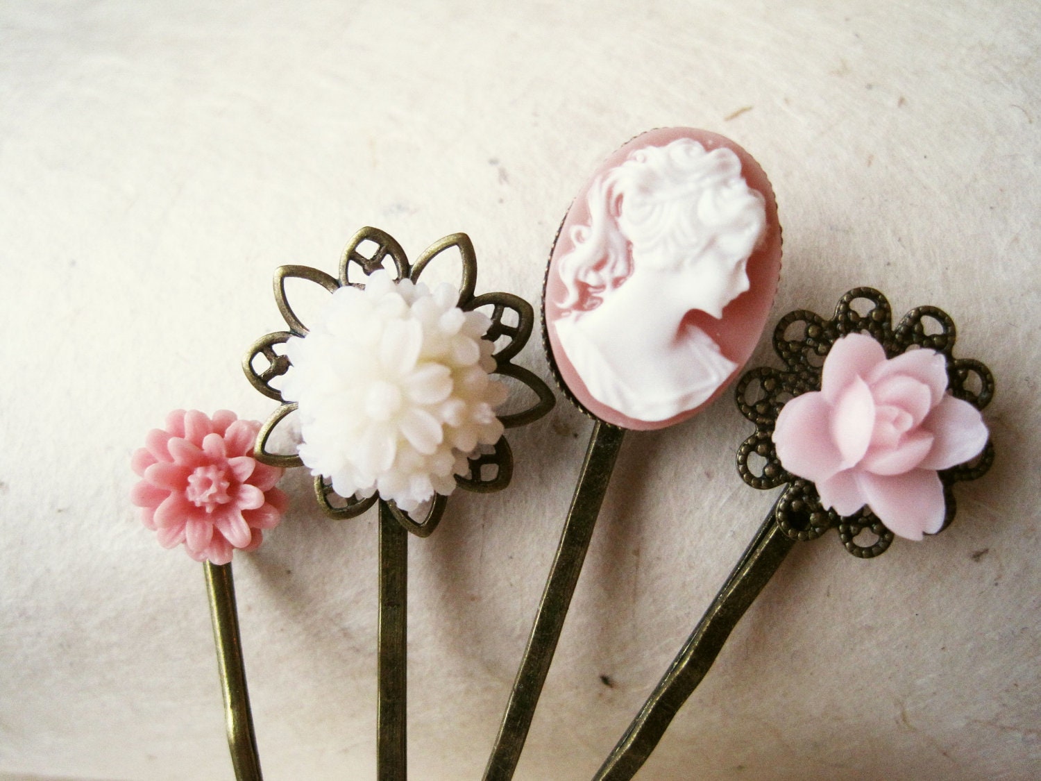 Pink Cameo Hair Pins Hair Accessories, Spring Fashion Flower Bobby Pins Resin Hair Pins. Gifts Brass Filigree Pink Flower Bobby Pins.