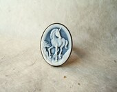 Cameo Unicorn Ring. Blue and White Cameo Ring. Romantic Vintage Jewelry. Adjustable Ring Large Cocktail Ring, Resin Jewelry.
