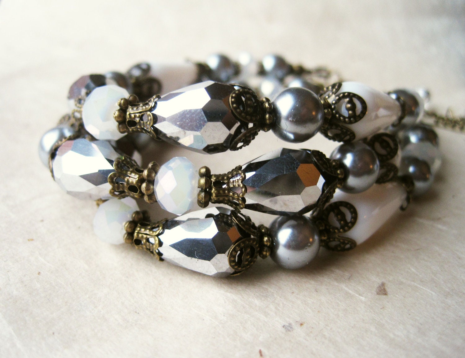 Silver Beaded Bracelet White Crystal and Pewter Grey Pearl Bracelet Silver Bracelet Vintage Style Victorian Bracelet. Downton Abbey Jewelry