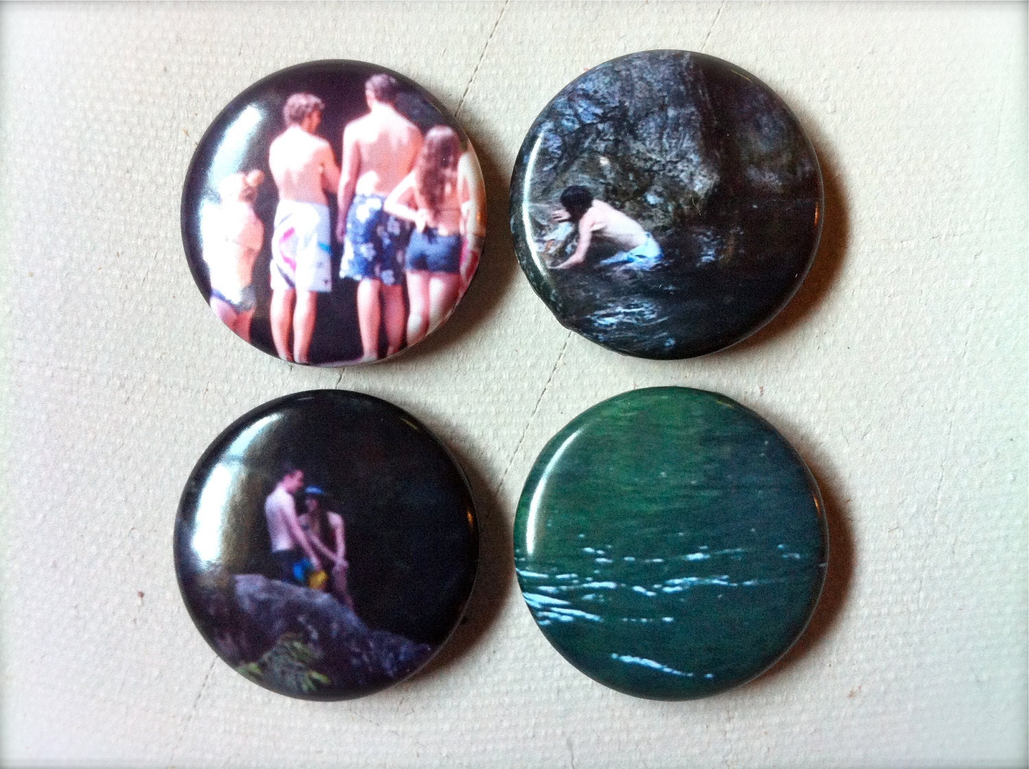 hipster pin buttons made from my photographs at lynn valley. swimmers. set of 4